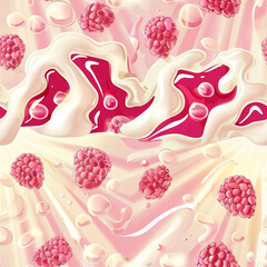 Seamless dessert banner with raspberries in cream with splashes