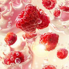 Seamless dessert banner with raspberries in cream with splashes