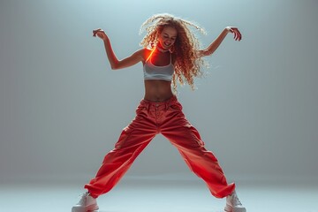 A woman in a white top and red pants is performing arts by dancing - obrazy, fototapety, plakaty