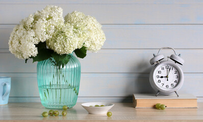 Still Life With White Hydrangeas In A White Cottage. Flowers, an Alarm Clock and Green Gooseberries.