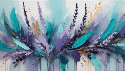 Luxury acrylic painting made with brush stroke, abstract hand-drawn art, textured background with lavender and teal accent. - obrazy, fototapety, plakaty