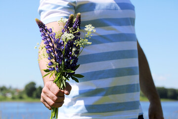 man gives a bouquet of flowers. a gift, congratulations. Lupines.