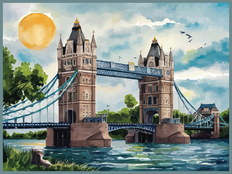  Tower Bridge watercolor with birds trees and detailed water waves illustration art