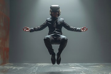 A man in a suit and tie wearing a VR headset jumps in the air