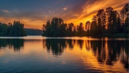 Fototapeta premium Sunset reflection on a calm forest lake