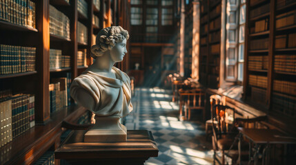 A statue in a classic library, surrounded by books and soft natural light, ideal for a reflective ambiance. , natural light, soft shadows, with copy space