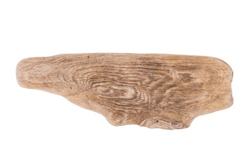 old wooden stick turned by the sea, driftwood on a white background