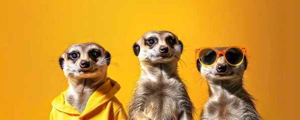 meerkats with sunglasses standing in front of a yellow background