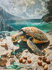 Sea turtle on beach with plastic waste and eggs - A colorful sea turtle amidst its eggs on a beach littered with plastic waste highlighting environmental issues