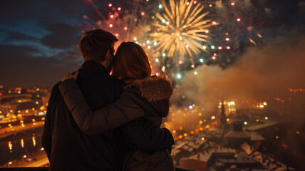 Loving couple watching fireworks over cityscape - A couple in a close embrace gazes at fireworks lighting up the urban sky, depicting a romantic moment
