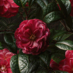 Seamless camellia roses pattern, 3d realistic illustration, spring wallpaper design. Generative ai