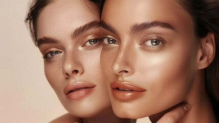 Close-up Portrait of Two Women Showcasing Highlighted Cosmetic Features