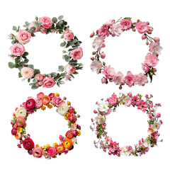 Set of four round frames made of flower wreathes. Flat lay of flower wreathes made of flower buds, branches and leaves isolated on transparent background.