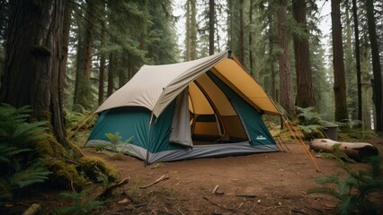 Camping tent set up in dense pine forest