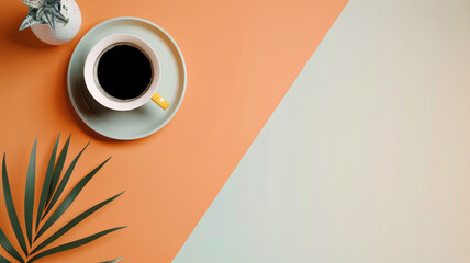 Minimalist coffee and plant on color block background - A neatly arranged coffee cup and plant on a two-tone background embody a minimalist aesthetic