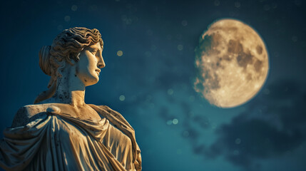 A regal Greek statue outdoors at night, bathed in the ethereal light of a full moon with stars visible behind. , natural light, soft shadows, with copy space, blurred background
