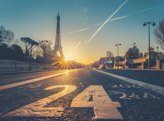 Stunning Sunrise Over Paris with Eiffel Tower View from the Street
