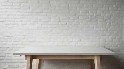 Minimalistic interior with a white table and textured brick wall