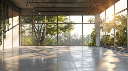A large, empty room with a tree outside the window. The room is very bright and spacious, with a lot of natural light coming in through the windows. The tree outside the window adds a sense of calm
