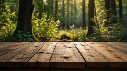 Wooden table in sunlit forest setting creates a tranquil atmosphere