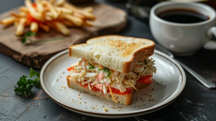 Sandwich, plate, fries, coffee cup