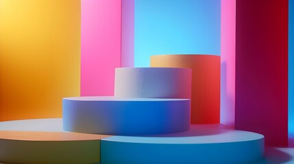 luxury colourful neon abstract elegant Platform podium background shapes and curtains Geometric product show
