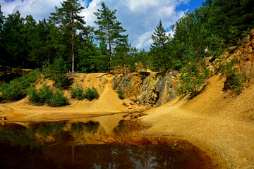 las i żółte skały odbicie w wodzie, forest and yellow rocks reflected in the water, krajobraz,...