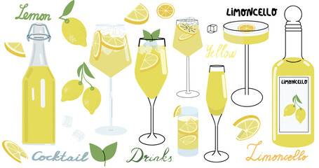 Limoncello set hand drawn vector sketch illustration. Purchase poster, print, home decoration, menu cover, invitation, design template.