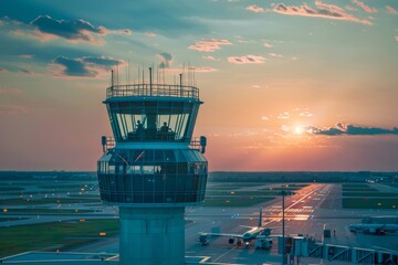 Air Traffic Control Tower Overlooking Runway at Sunrise - obrazy, fototapety, plakaty