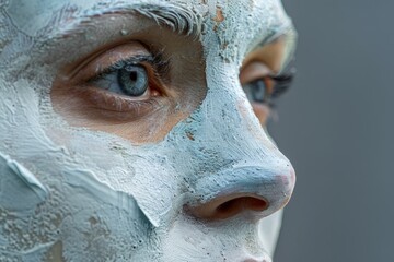 blue cream mask on a woman's face, close-up