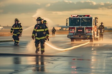Firefighting Brigade Actively Engaged in Airport Emergency Training - obrazy, fototapety, plakaty