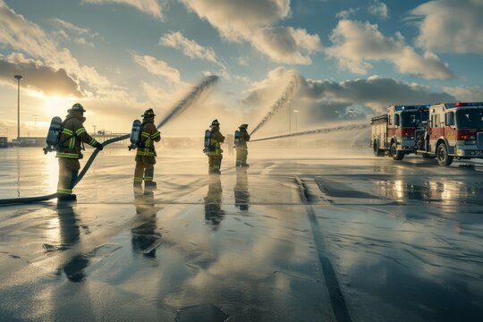 Emergency Response Team Spraying Water During Airport Drill