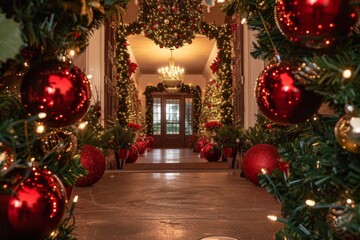 Fototapeta na wymiar Luxurious Christmas Decor in Grand Entrance with Red Ornaments