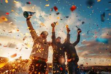 Euphoric Champagne Spray at Sports Victory Celebration, Sunset Glow