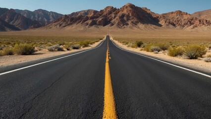 Empty desert road with mountains under clear blue sky - Powered by Adobe