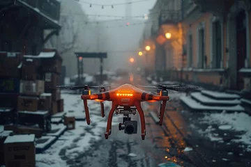 Foto op Canvas A drone hovers above a snowcovered city street, capturing the event from above © Vladimir