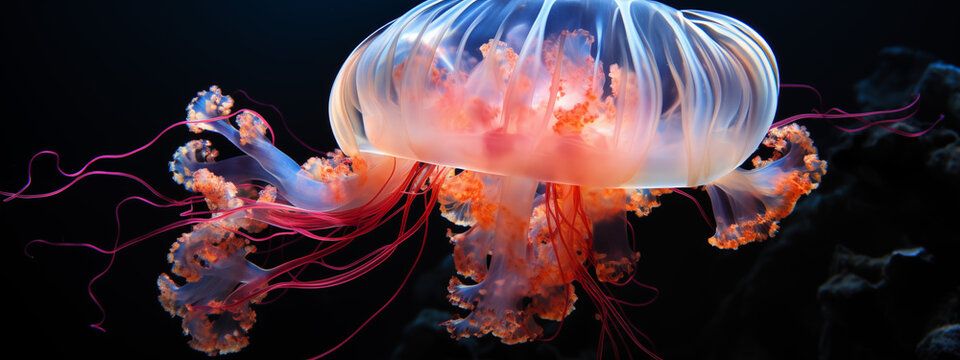 Vibrant Lion's Mane Jellyfish in Deep Sea - Wide Format