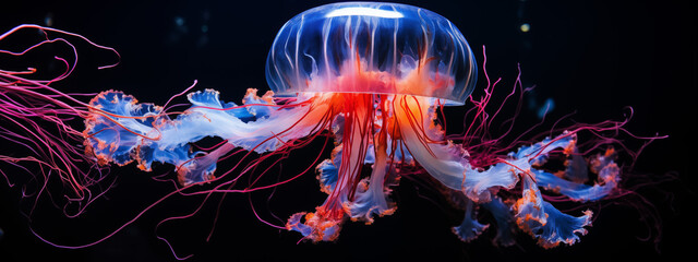 Stunning Jellyfish with Glowing Tentacles in Ocean Blue - obrazy, fototapety, plakaty
