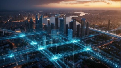 Twilight cityscape with futuristic network connections overlay