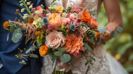 wedding bouquet in brides and grooms hands 