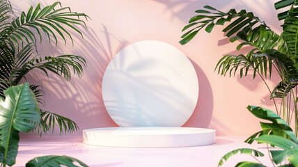 Modern product podium display, tropical leaves and shadow, natural bio beauty cosmetic pink background hd