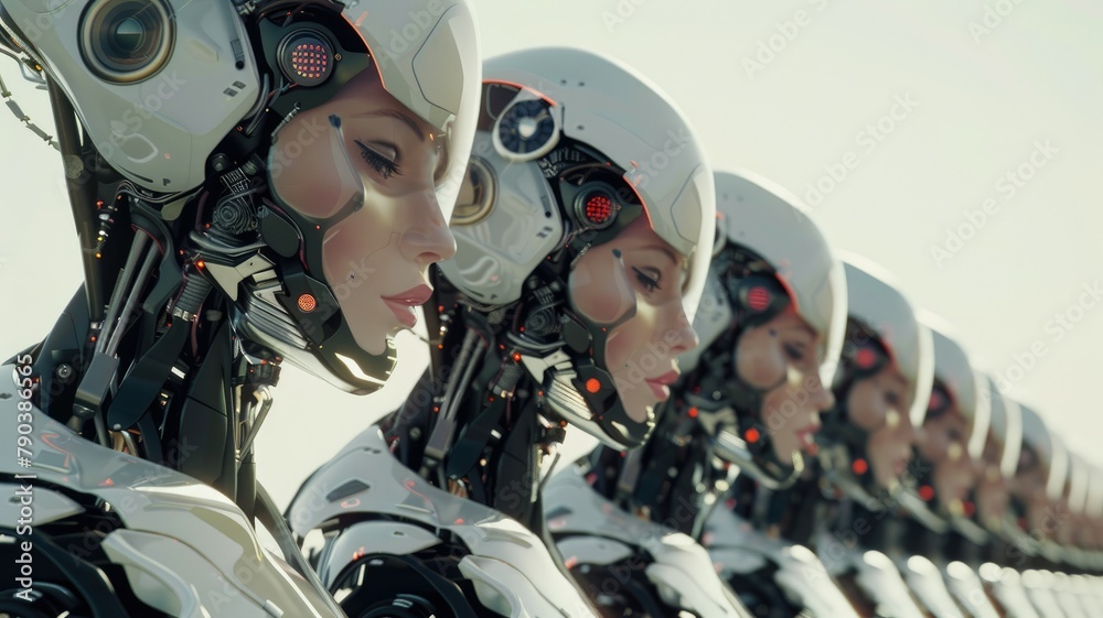 Poster high-tech robotic heads in a futuristic lineup - an array of robotic heads presents a mesmerizing di