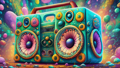 Obraz premium oil painting style cartoon character multicolored a boom box with two large speakers, music, player, play, radio, tape, tape recorder