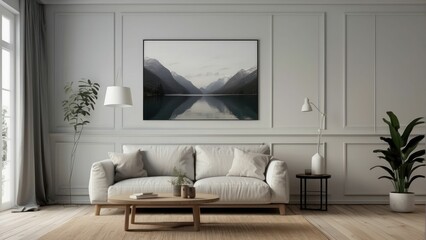 Serene living room with minimalist design and a framed landscape