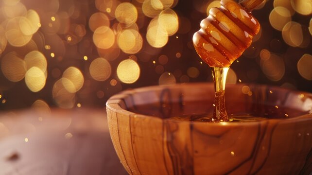 Golden honey dripping from dipper into bowl - Close-up image of organic honey dripping from wooden dipper into a bowl with warm bokeh lights in the background