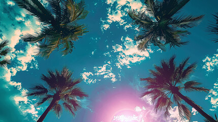 low angle shot from some palm tree heads against the blue sky in retro style 