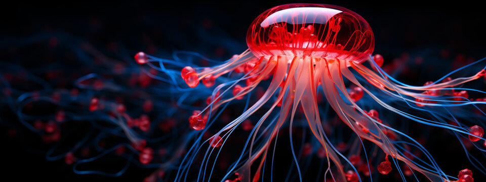 Luminous Red Jellyfish with Blue Tentacles in the Sea