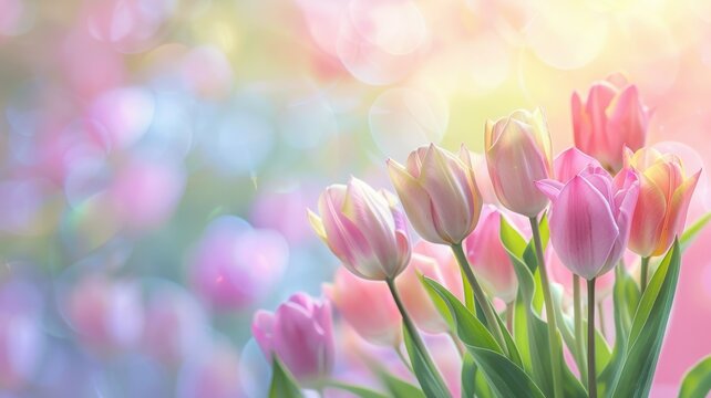 Blooming tulips in soft pastel shades - Dreamy image of delicate tulips against a pastel bokeh background, evoking feelings of spring and renewal
