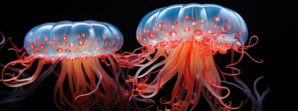 Pair of Jellyfish Gliding Underwater with Bioluminescent Glow
