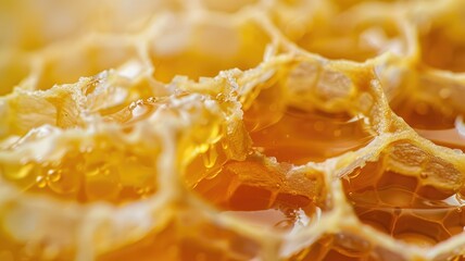 Close-up of glistening honeycomb cells - Macro shot captures the intricate patterns and glistening texture of natural honeycomb, highlighting the beauty of beehive produce